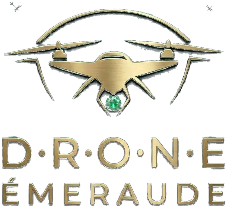 Logo DRONE Émeraude : un drone doré tenant une émeraude